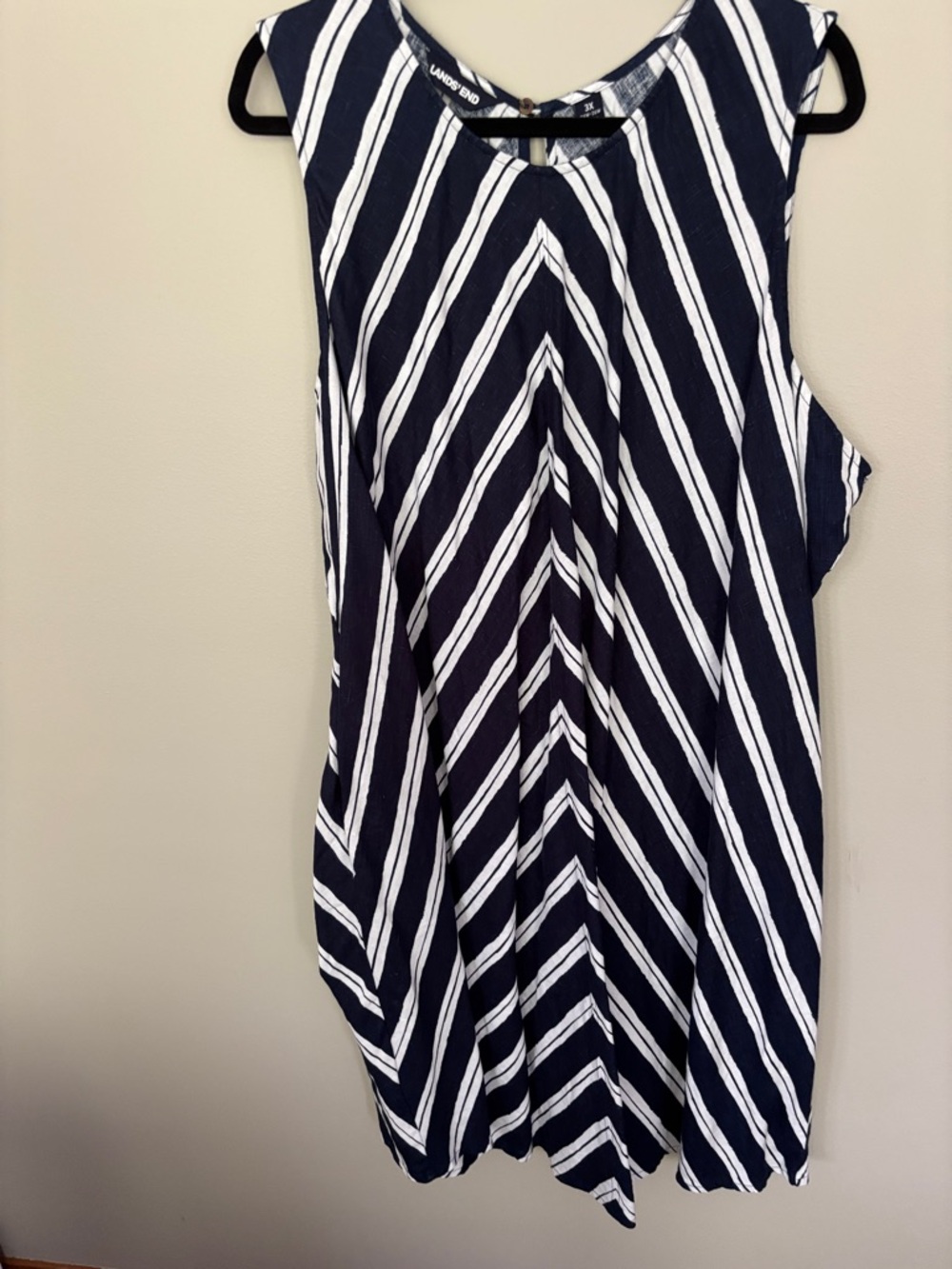 Lands' End Navy and White Linen Striped Sleeveless Dress with pockets